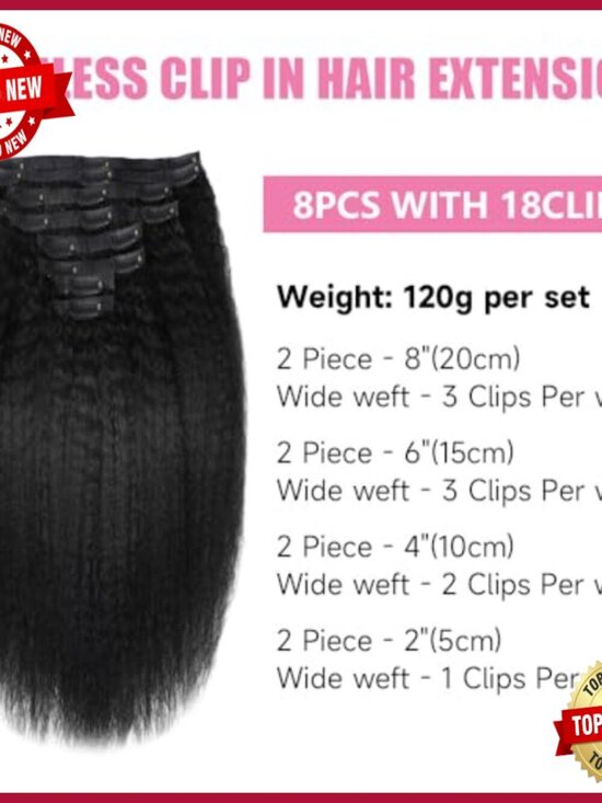 Seamless Clip In Human Hair Extensions 8pcs 120g 16inch Kinky Straight main image 6